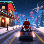 **Christmas Chaos in Snowy Los Santos:** An exhilarating scene in GTA Online's Los Santos during Christmas. The city is completely blanketed in heavy snow, with festive lights adorning buildings. Players in humorous Santa Claus outfits are driving wildly on slippery, snow-covered roads, engaged in a chaotic gift-delivery mission. The sky is dark but illuminated by the city lights and falling snow, creating a magical, yet wild atmosphere. Dynamic action, vibrant colors, immersive.