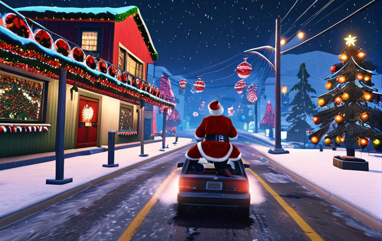 **Christmas Chaos in Snowy Los Santos:** An exhilarating scene in GTA Online's Los Santos during Christmas. The city is completely blanketed in heavy snow, with festive lights adorning buildings. Players in humorous Santa Claus outfits are driving wildly on slippery, snow-covered roads, engaged in a chaotic gift-delivery mission. The sky is dark but illuminated by the city lights and falling snow, creating a magical, yet wild atmosphere. Dynamic action, vibrant colors, immersive.