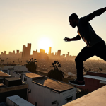 **

A skilled parkour runner leaps across a rooftop in Los Santos, with the city skyline blurred in the background to emphasize the sense of speed and agility. The runner is silhouetted against the setting sun, creating a dramatic and dynamic image.

**