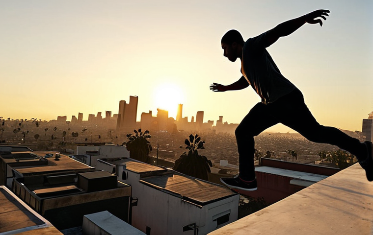 **
A skilled parkour runner leaps across a rooftop in Los Santos, with the city skyline blurred in the background to emphasize the sense of speed and agility. The runner is silhouetted against the setting sun, creating a dramatic and dynamic image.
**